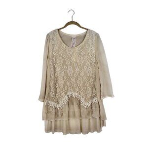 NWT Pretty Angel Layered Lace Top Beige Silk Blend Sheer Long Sleeve Size Medium